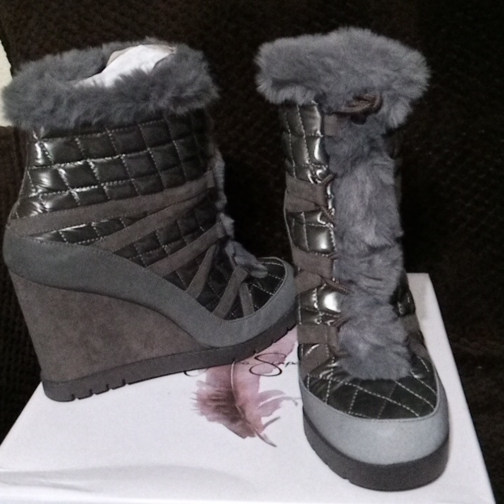 Jessica Simpson wedge metallic pouture shiny quilted nylon boot